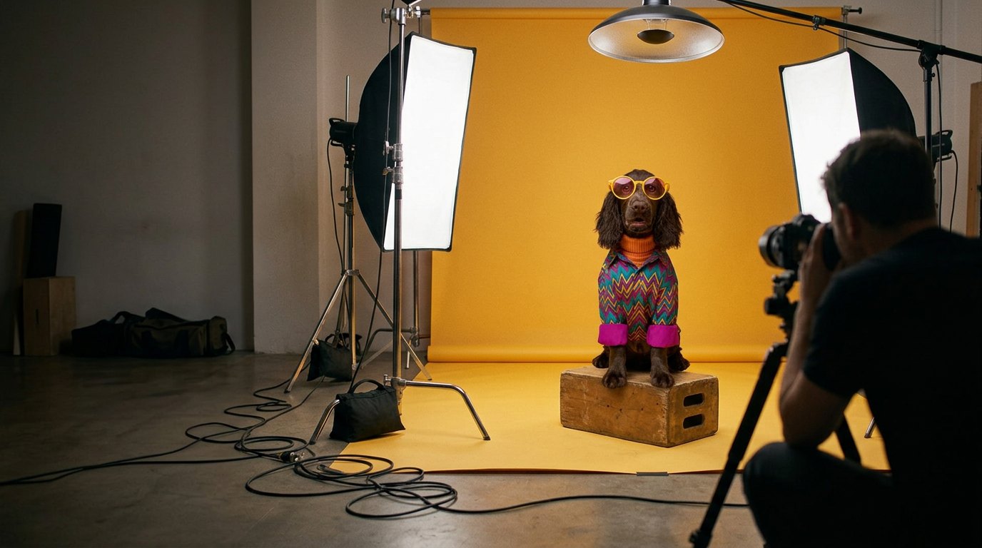 Behind the scenes: a chocolate spaniel in a zigzag shirt and yellow glasses posing on an apple box while a photographer shoots